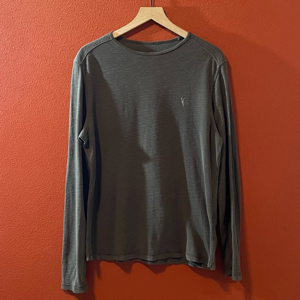 All Saints Men’s Clash Lightweight Waffle Knit Gray Crewneck Long Sleeve Shirt